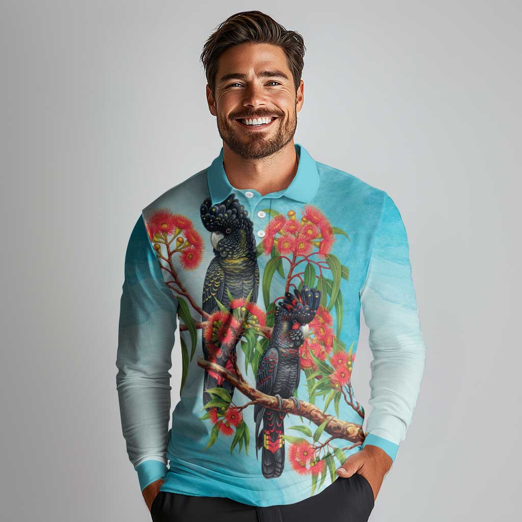 Australia Black Cockatoo and Eucalyptus Long Sleeve Polo Shirt Blue Spirit of Aussie Native Bird - Aussie Hoodie