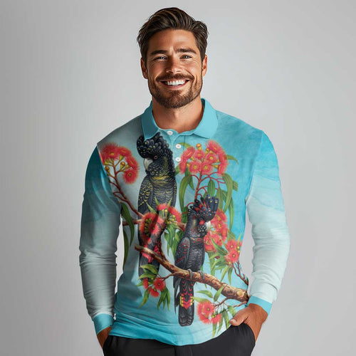 Australia Black Cockatoo and Eucalyptus Long Sleeve Polo Shirt Blue Spirit of Aussie Native Bird - Aussie Hoodie