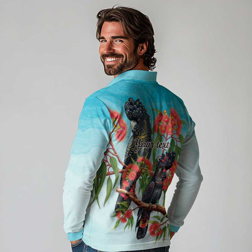 Australia Black Cockatoo and Eucalyptus Long Sleeve Polo Shirt Blue Spirit of Aussie Native Bird - Aussie Hoodie