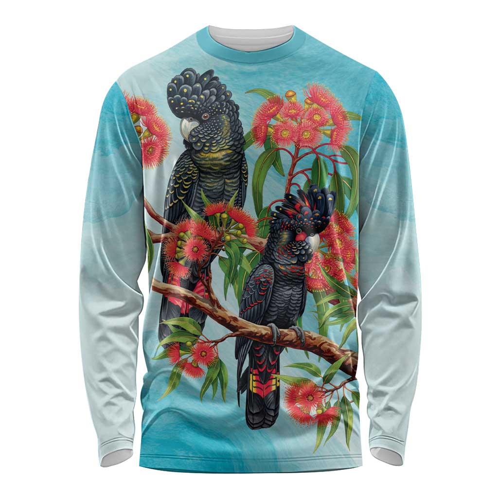 Australia Black Cockatoo and Eucalyptus Long Sleeve Shirt Blue Spirit of Aussie Native Bird - Aussie Hoodie