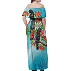 Australia Black Cockatoo and Eucalyptus Off Shoulder Maxi Dress Blue Spirit of Aussie Native Bird - Aussie Hoodie