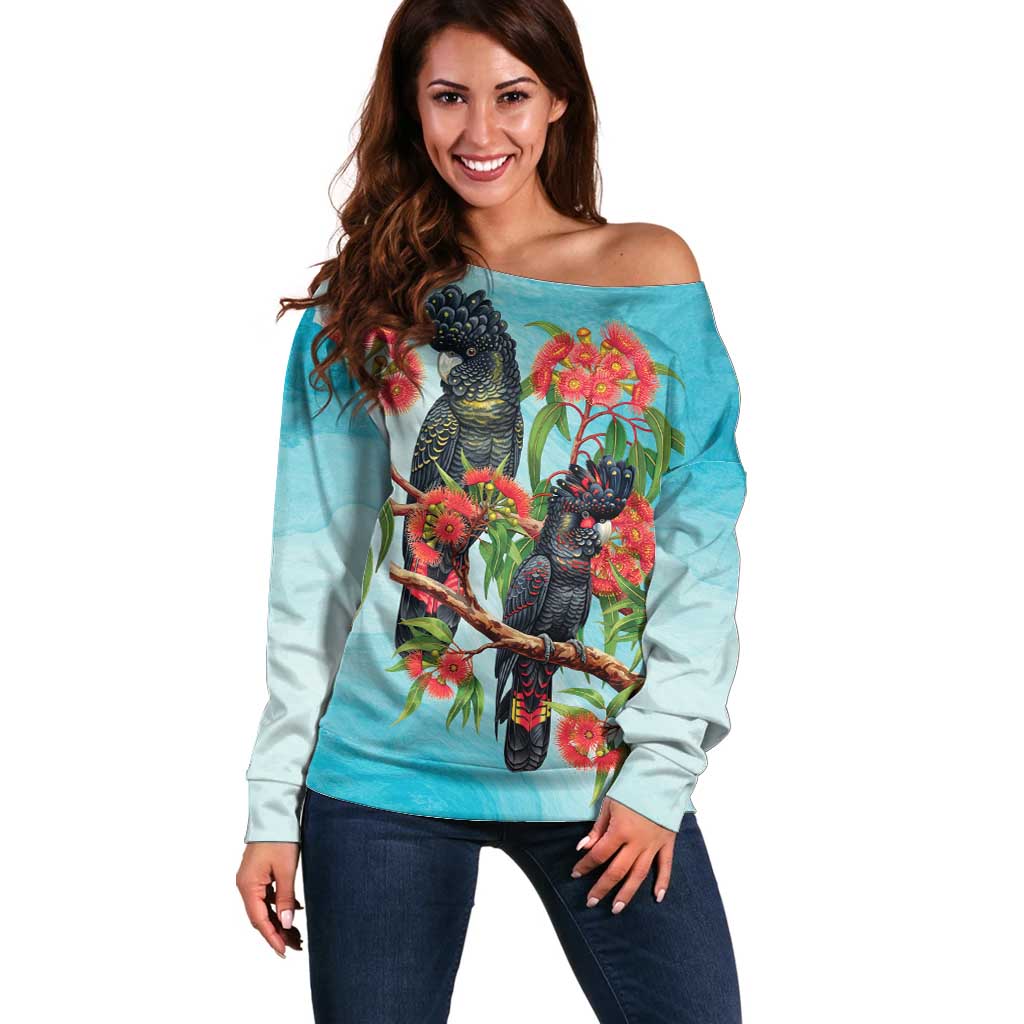 Australia Black Cockatoo and Eucalyptus Off Shoulder Sweater Blue Spirit of Aussie Native Bird - Aussie Hoodie