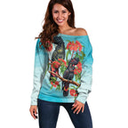 Australia Black Cockatoo and Eucalyptus Off Shoulder Sweater Blue Spirit of Aussie Native Bird - Aussie Hoodie