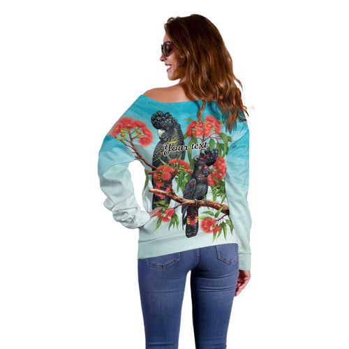 Australia Black Cockatoo and Eucalyptus Off Shoulder Sweater Blue Spirit of Aussie Native Bird - Aussie Hoodie