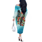 Australia Black Cockatoo and Eucalyptus Off The Shoulder Long Sleeve Dress Blue Spirit of Aussie Native Bird - Aussie Hoodie