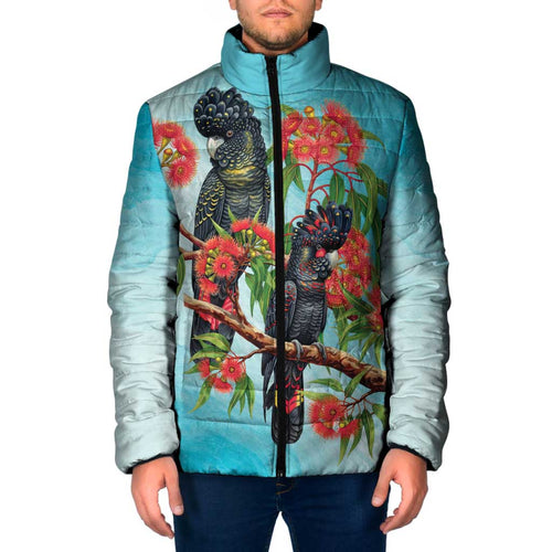 Australia Black Cockatoo and Eucalyptus Padded Jacket Blue Spirit of Aussie Native Bird - Aussie Hoodie