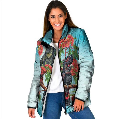 Australia Black Cockatoo and Eucalyptus Padded Jacket Blue Spirit of Aussie Native Bird - Aussie Hoodie