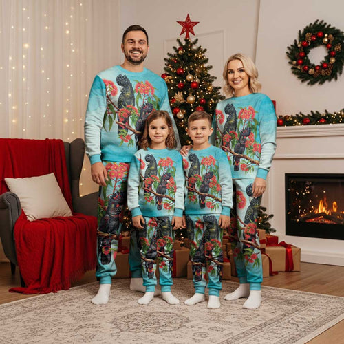 Australia Black Cockatoo and Eucalyptus Christmas Pajama Set Blue Spirit of Aussie Native Bird - Aussie Hoodie