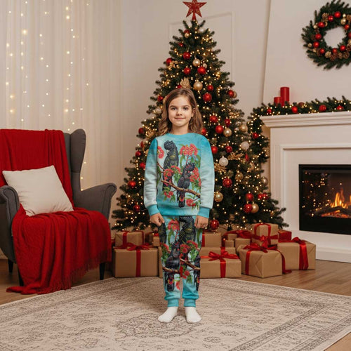 Australia Black Cockatoo and Eucalyptus Christmas Pajama Set Blue Spirit of Aussie Native Bird - Aussie Hoodie