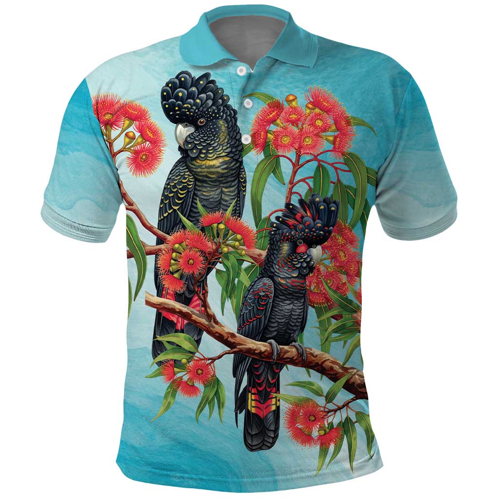 Australia Black Cockatoo and Eucalyptus Polo Shirt Blue Spirit of Aussie Native Bird - Aussie Hoodie