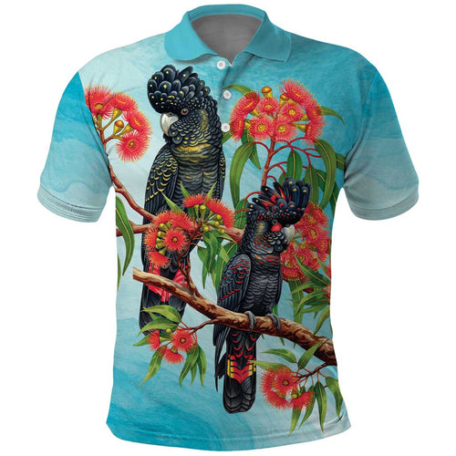 Australia Black Cockatoo and Eucalyptus Polo Shirt Blue Spirit of Aussie Native Bird - Aussie Hoodie