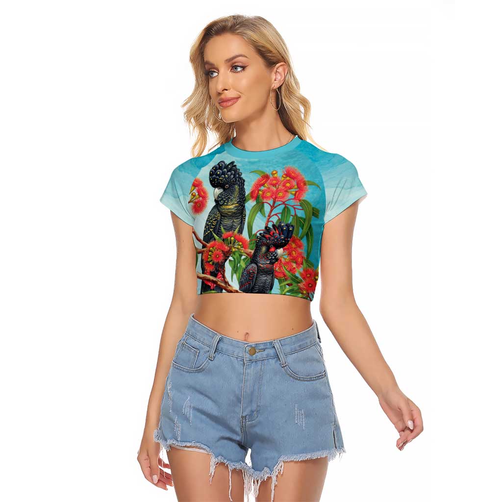 Australia Black Cockatoo and Eucalyptus Raglan Cropped T Shirt Blue Spirit of Aussie Native Bird - Aussie Hoodie