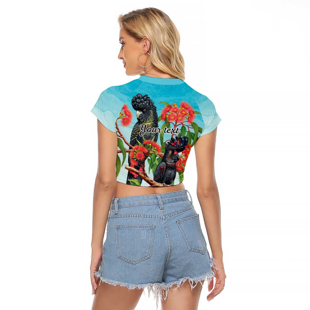 Australia Black Cockatoo and Eucalyptus Raglan Cropped T Shirt Blue Spirit of Aussie Native Bird - Aussie Hoodie