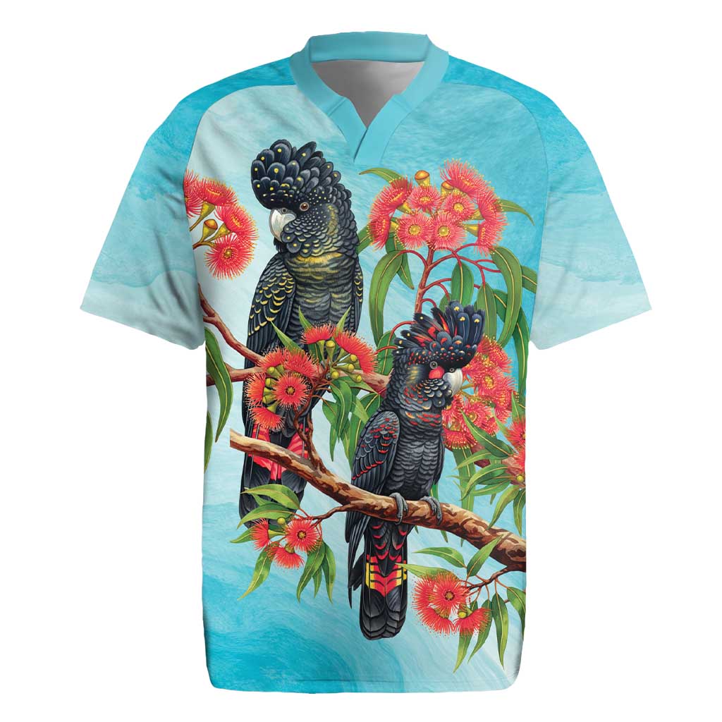 Australia Black Cockatoo and Eucalyptus Rugby Jersey Blue Spirit of Aussie Native Bird - Aussie Hoodie