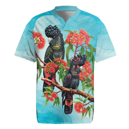 Australia Black Cockatoo and Eucalyptus Rugby Jersey Blue Spirit of Aussie Native Bird - Aussie Hoodie