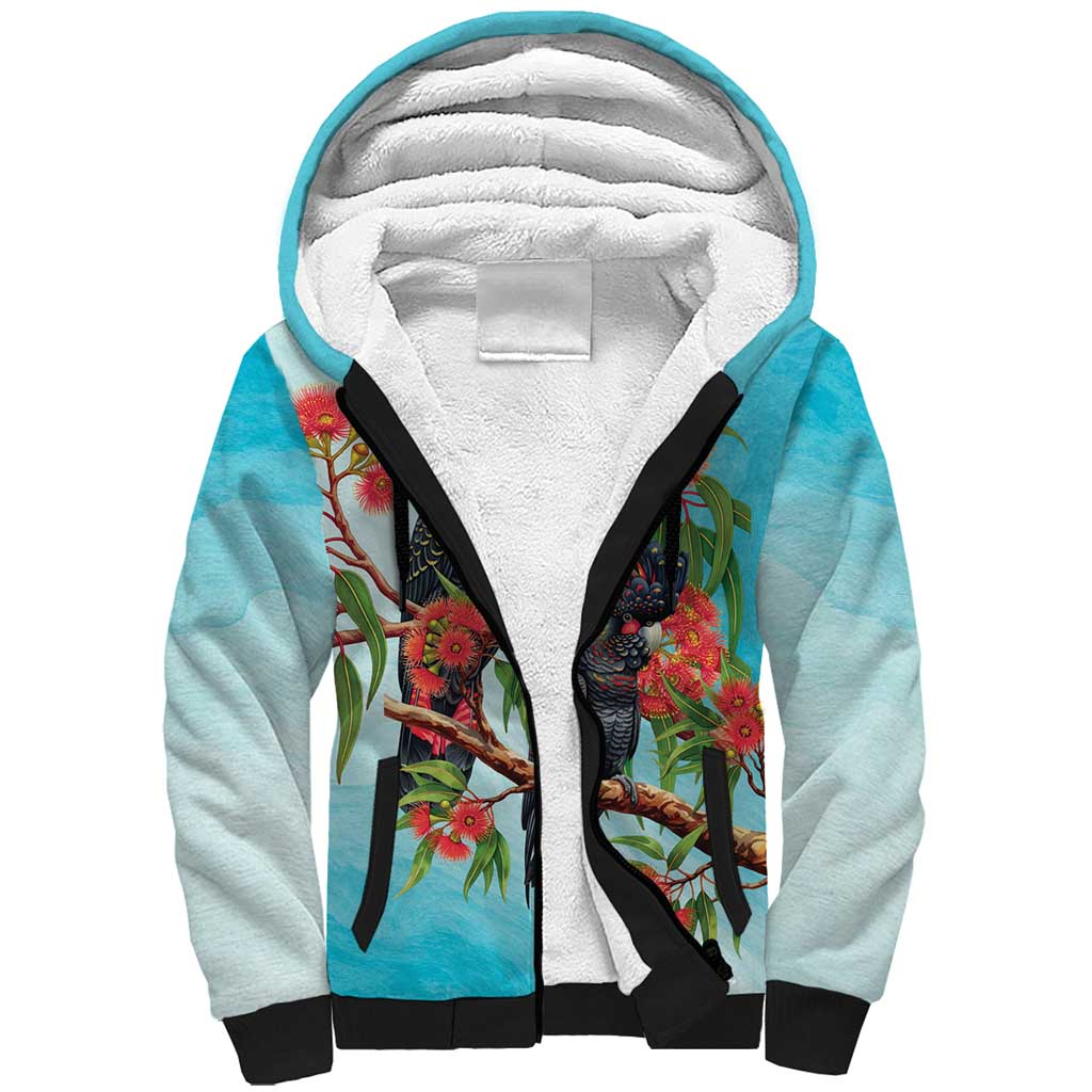 Australia Black Cockatoo and Eucalyptus Sherpa Hoodie Blue Spirit of Aussie Native Bird - Aussie Hoodie