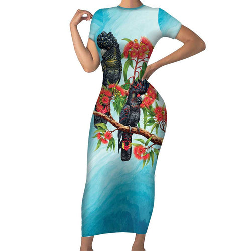 Australia Black Cockatoo and Eucalyptus Short Sleeve Bodycon Dress Blue Spirit of Aussie Native Bird - Aussie Hoodie