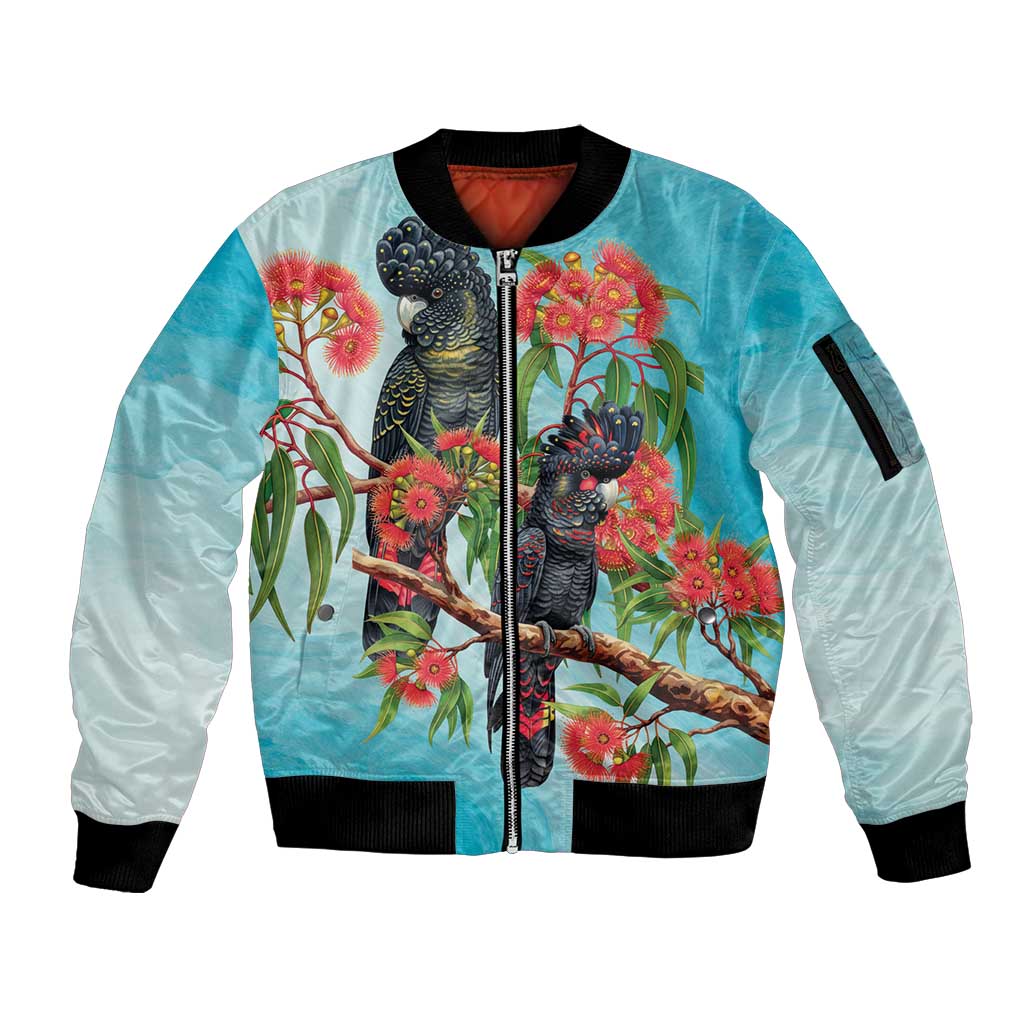 Australia Black Cockatoo and Eucalyptus Sleeve Zip Bomber Jacket Blue Spirit of Aussie Native Bird - Aussie Hoodie
