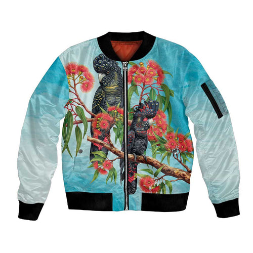 Australia Black Cockatoo and Eucalyptus Sleeve Zip Bomber Jacket Blue Spirit of Aussie Native Bird - Aussie Hoodie