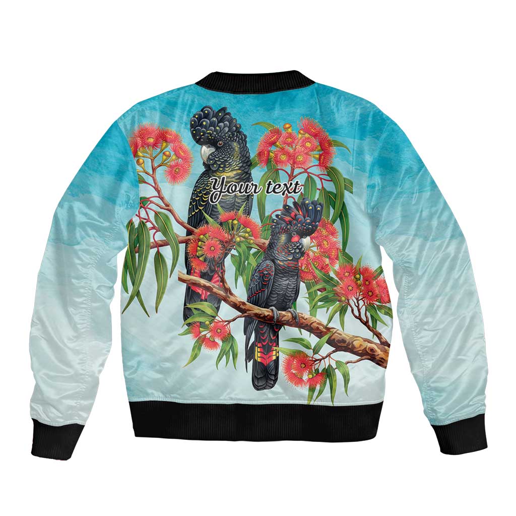 Australia Black Cockatoo and Eucalyptus Sleeve Zip Bomber Jacket Blue Spirit of Aussie Native Bird - Aussie Hoodie