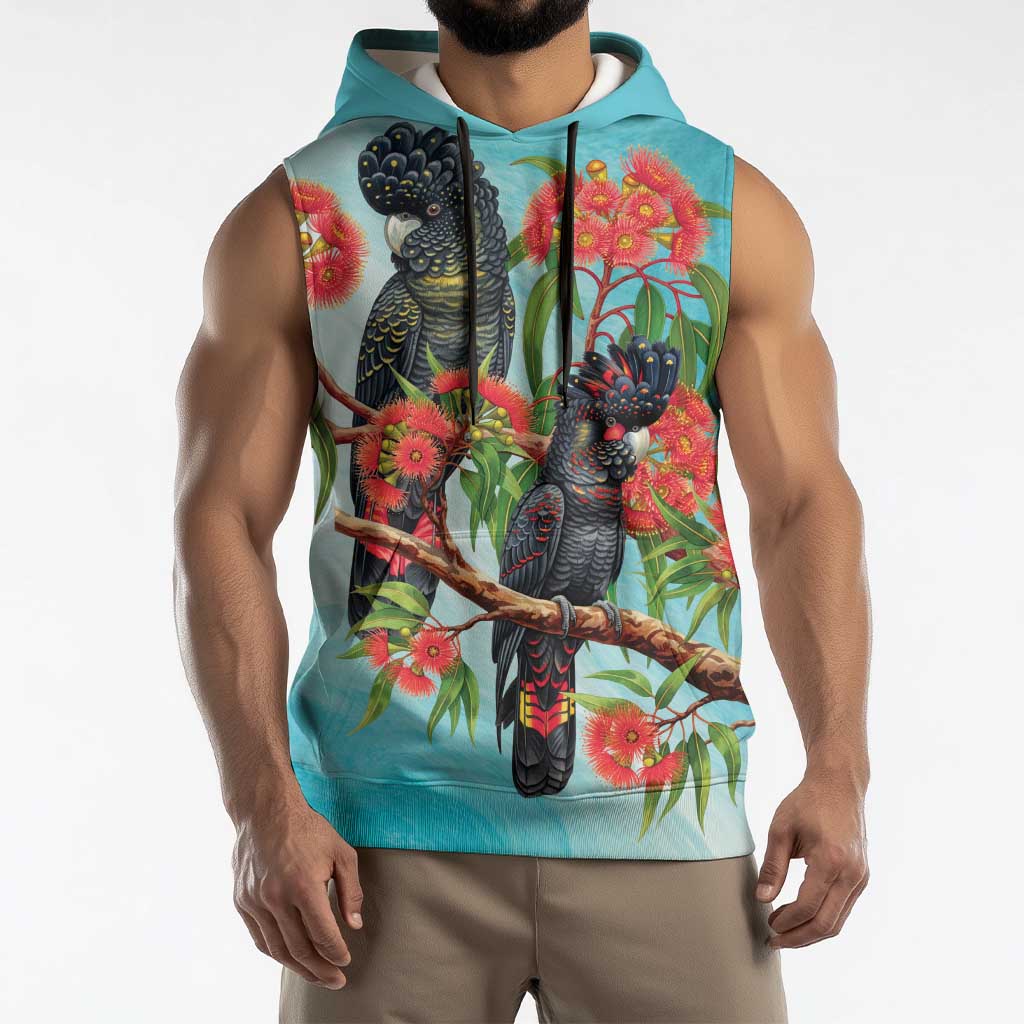 Australia Black Cockatoo and Eucalyptus Sleeveless Hoodie Blue Spirit of Aussie Native Bird - Aussie Hoodie