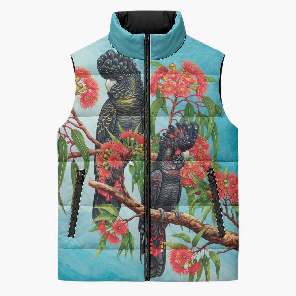Australia Black Cockatoo and Eucalyptus Sleeveless Puffer Jacket Blue Spirit of Aussie Native Bird - Aussie Hoodie