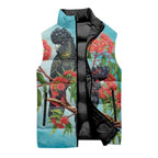 Australia Black Cockatoo and Eucalyptus Sleeveless Puffer Jacket Blue Spirit of Aussie Native Bird - Aussie Hoodie
