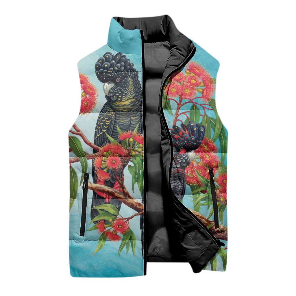 Australia Black Cockatoo and Eucalyptus Sleeveless Puffer Jacket Blue Spirit of Aussie Native Bird - Aussie Hoodie