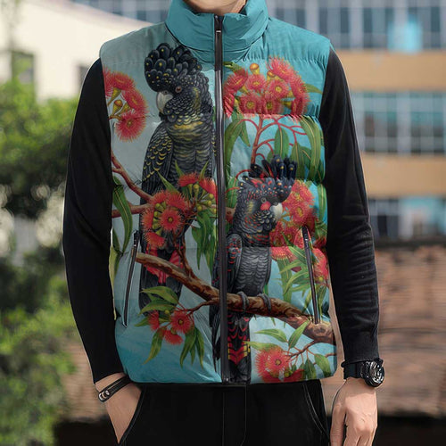 Australia Black Cockatoo and Eucalyptus Sleeveless Puffer Jacket Blue Spirit of Aussie Native Bird - Aussie Hoodie