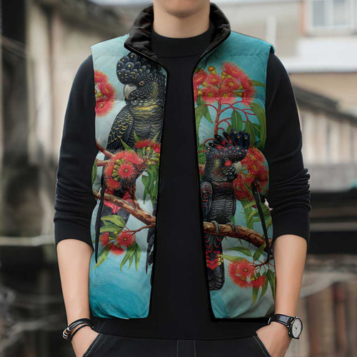 Australia Black Cockatoo and Eucalyptus Sleeveless Puffer Jacket Blue Spirit of Aussie Native Bird - Aussie Hoodie