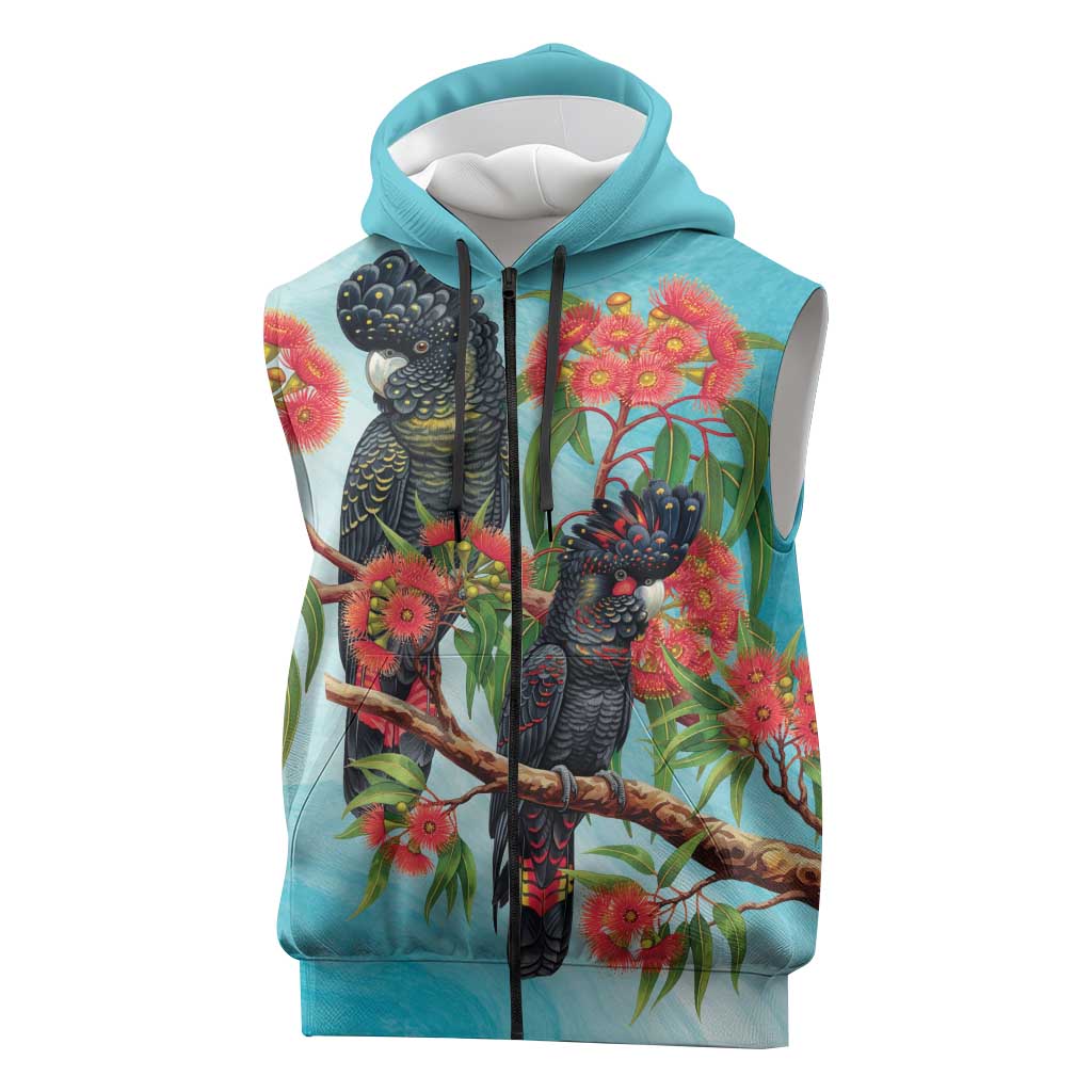 Australia Black Cockatoo and Eucalyptus Sleeveless Zip Hoodie Blue Spirit of Aussie Native Bird LT9