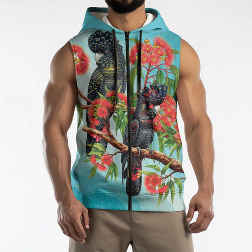 Australia Black Cockatoo and Eucalyptus Sleeveless Zip Hoodie Blue Spirit of Aussie Native Bird LT9