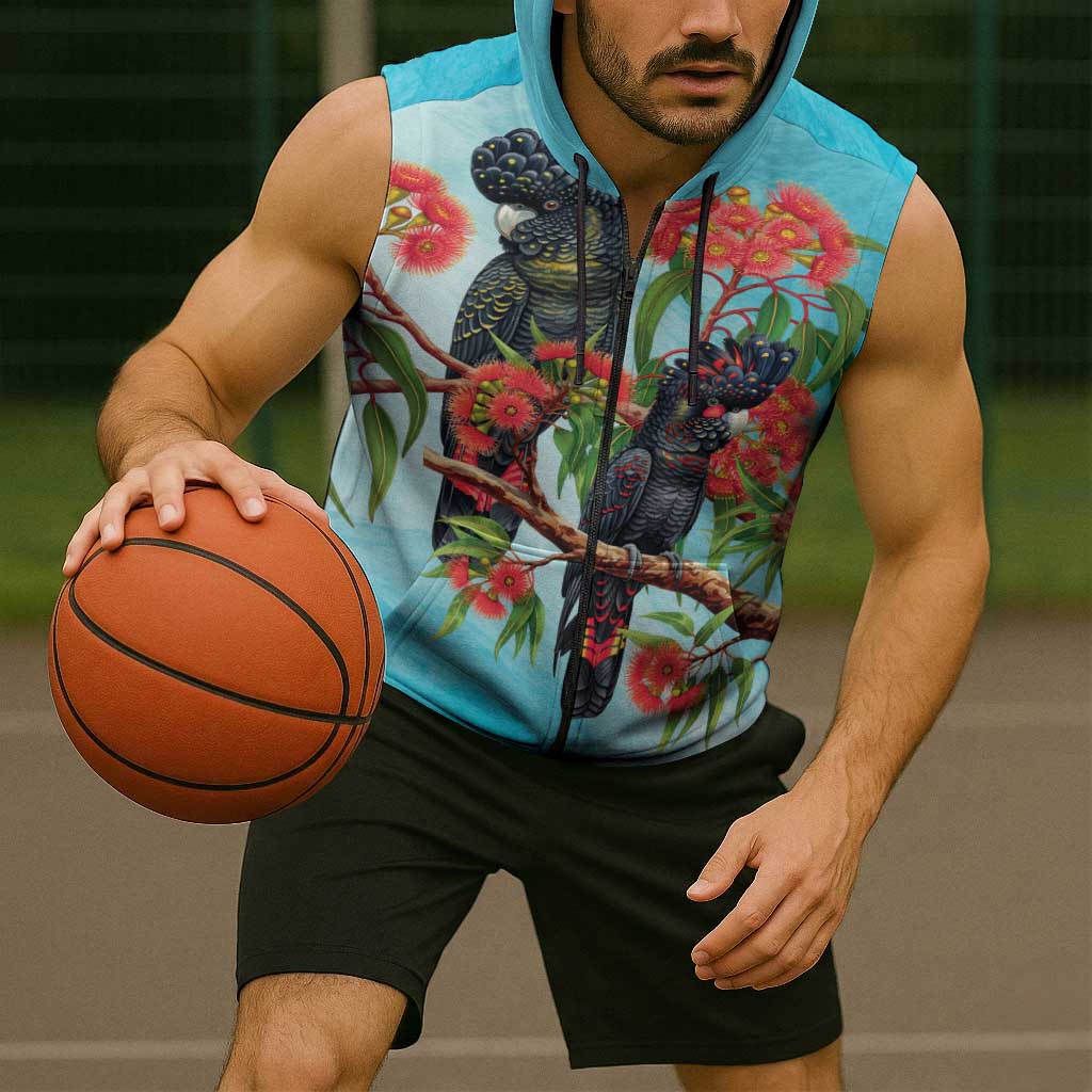 Australia Black Cockatoo and Eucalyptus Sleeveless Zip Hoodie Blue Spirit of Aussie Native Bird LT9