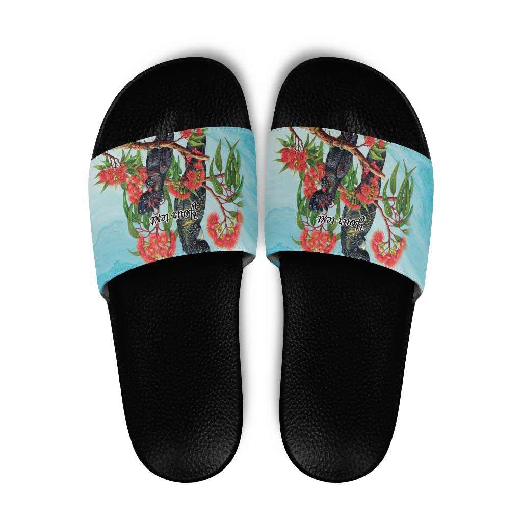 Australia Black Cockatoo and Eucalyptus Slide Sandals Blue Spirit of Aussie Native Bird - Aussie Hoodie