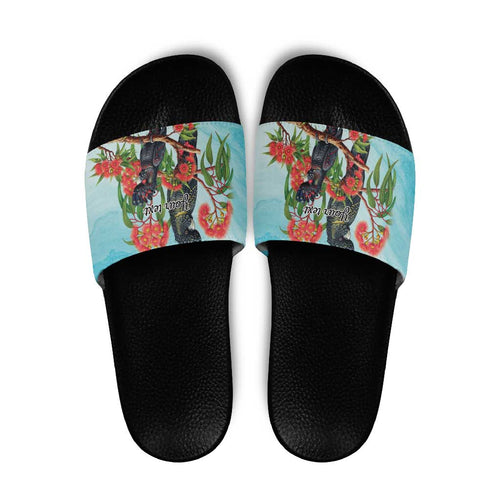 Australia Black Cockatoo and Eucalyptus Slide Sandals Blue Spirit of Aussie Native Bird - Aussie Hoodie