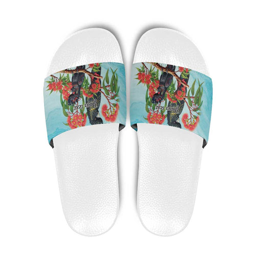 Australia Black Cockatoo and Eucalyptus Slide Sandals Blue Spirit of Aussie Native Bird - Aussie Hoodie