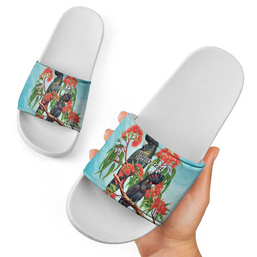 Australia Black Cockatoo and Eucalyptus Slide Sandals Blue Spirit of Aussie Native Bird - Aussie Hoodie