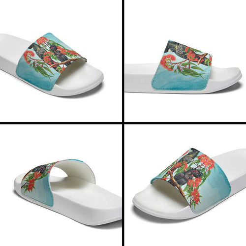 Australia Black Cockatoo and Eucalyptus Slide Sandals Blue Spirit of Aussie Native Bird - Aussie Hoodie