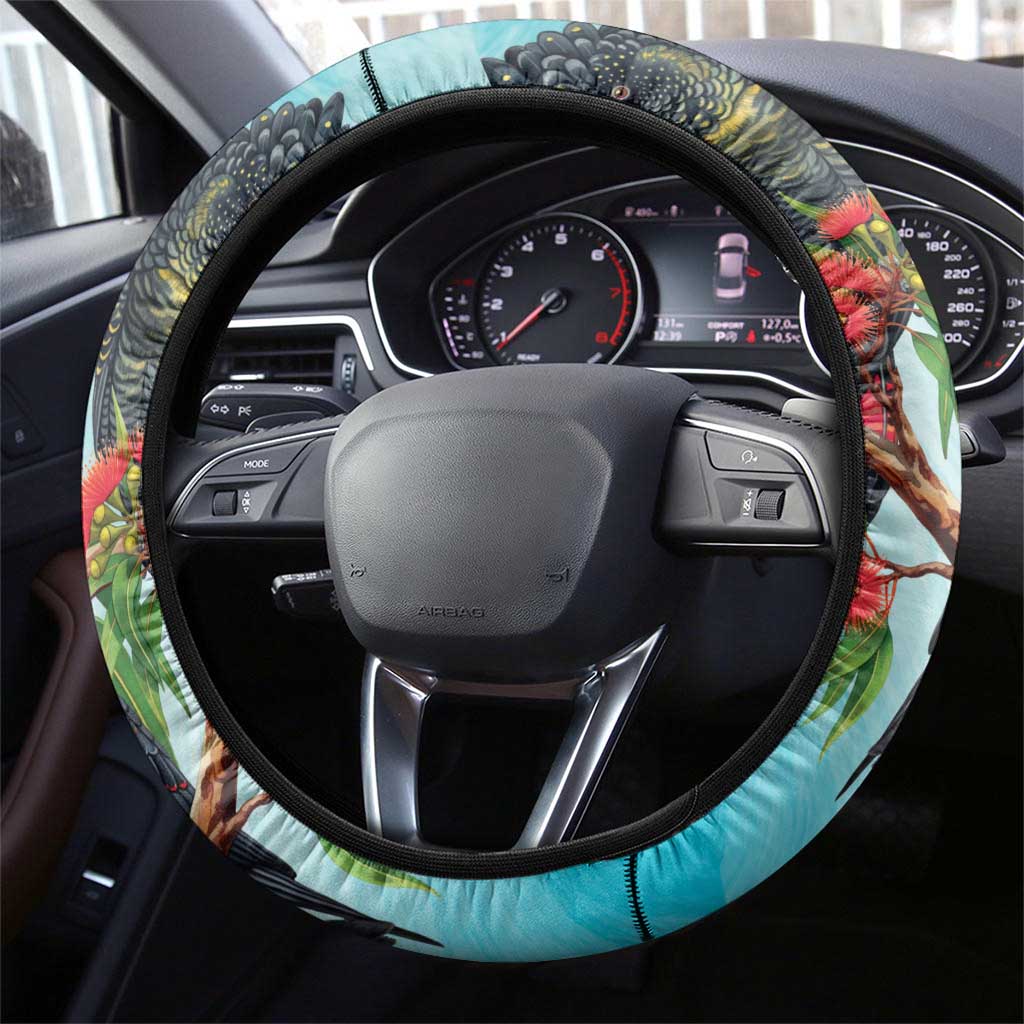Australia Black Cockatoo and Eucalyptus Steering Wheel Cover Blue Spirit of Aussie Native Bird - Aussie Hoodie