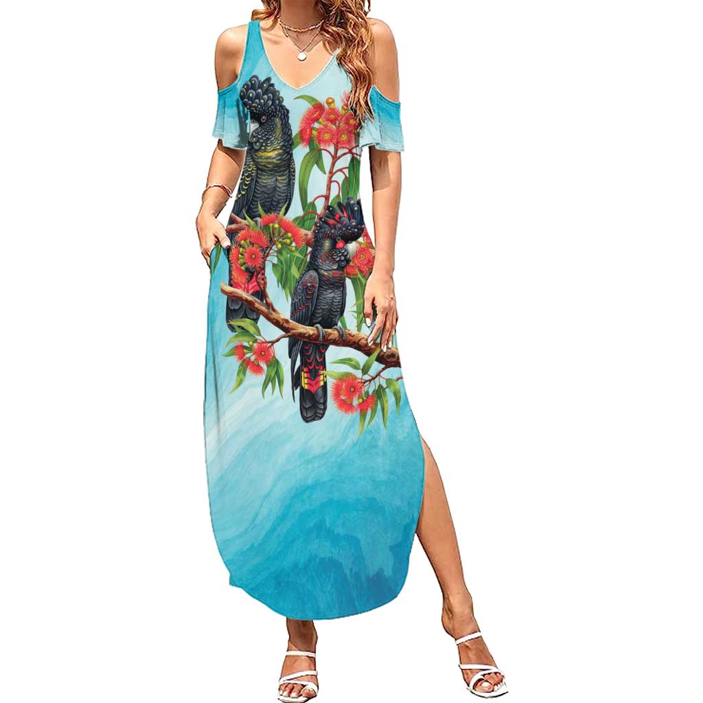 Australia Black Cockatoo and Eucalyptus Summer Maxi Dress Blue Spirit of Aussie Native Bird - Aussie Hoodie