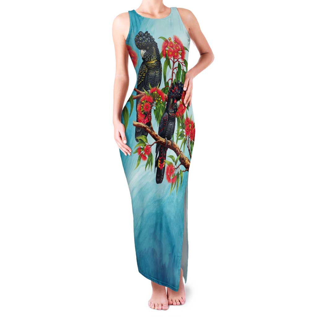Australia Black Cockatoo and Eucalyptus Tank Maxi Dress Blue Spirit of Aussie Native Bird - Aussie Hoodie