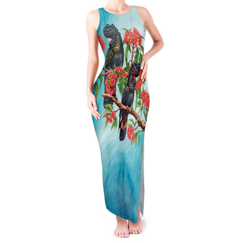 Australia Black Cockatoo and Eucalyptus Tank Maxi Dress Blue Spirit of Aussie Native Bird - Aussie Hoodie