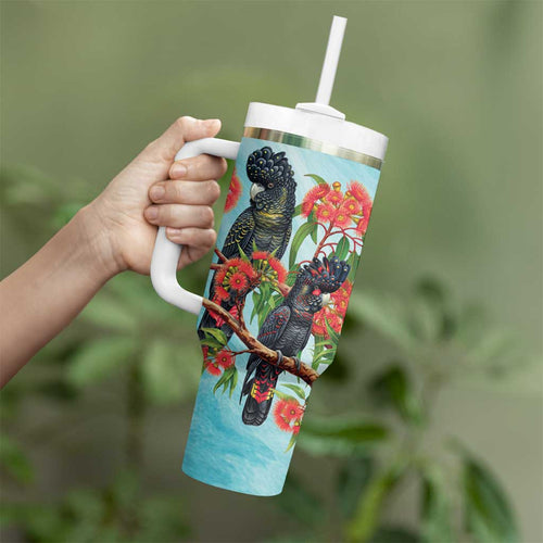 Australia Black Cockatoo and Eucalyptus Tumbler With Handle Blue Spirit of Aussie Native Bird - Aussie Hoodie
