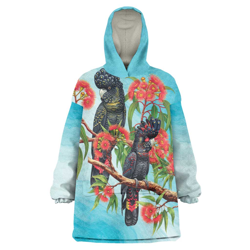 Australia Black Cockatoo and Eucalyptus Wearable Blanket Hoodie Blue Spirit of Aussie Native Bird - Aussie Hoodie