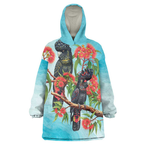 Australia Black Cockatoo and Eucalyptus Wearable Blanket Hoodie Blue Spirit of Aussie Native Bird - Aussie Hoodie