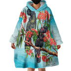 Australia Black Cockatoo and Eucalyptus Wearable Blanket Hoodie Blue Spirit of Aussie Native Bird - Aussie Hoodie