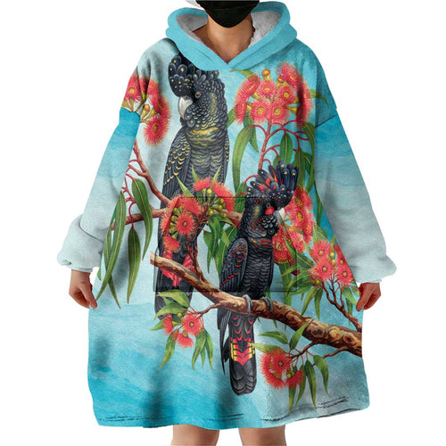 Australia Black Cockatoo and Eucalyptus Wearable Blanket Hoodie Blue Spirit of Aussie Native Bird - Aussie Hoodie
