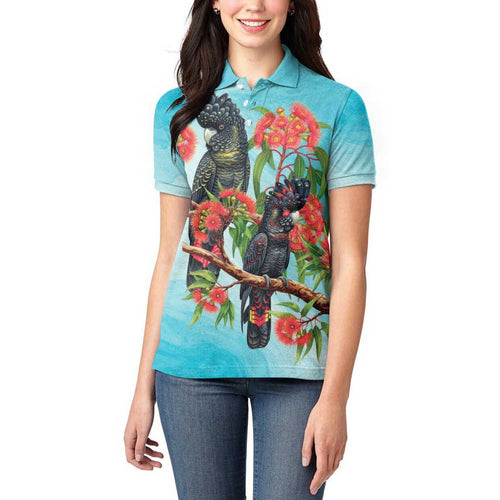 Australia Black Cockatoo and Eucalyptus Women Polo Shirt Blue Spirit of Aussie Native Bird - Aussie Hoodie
