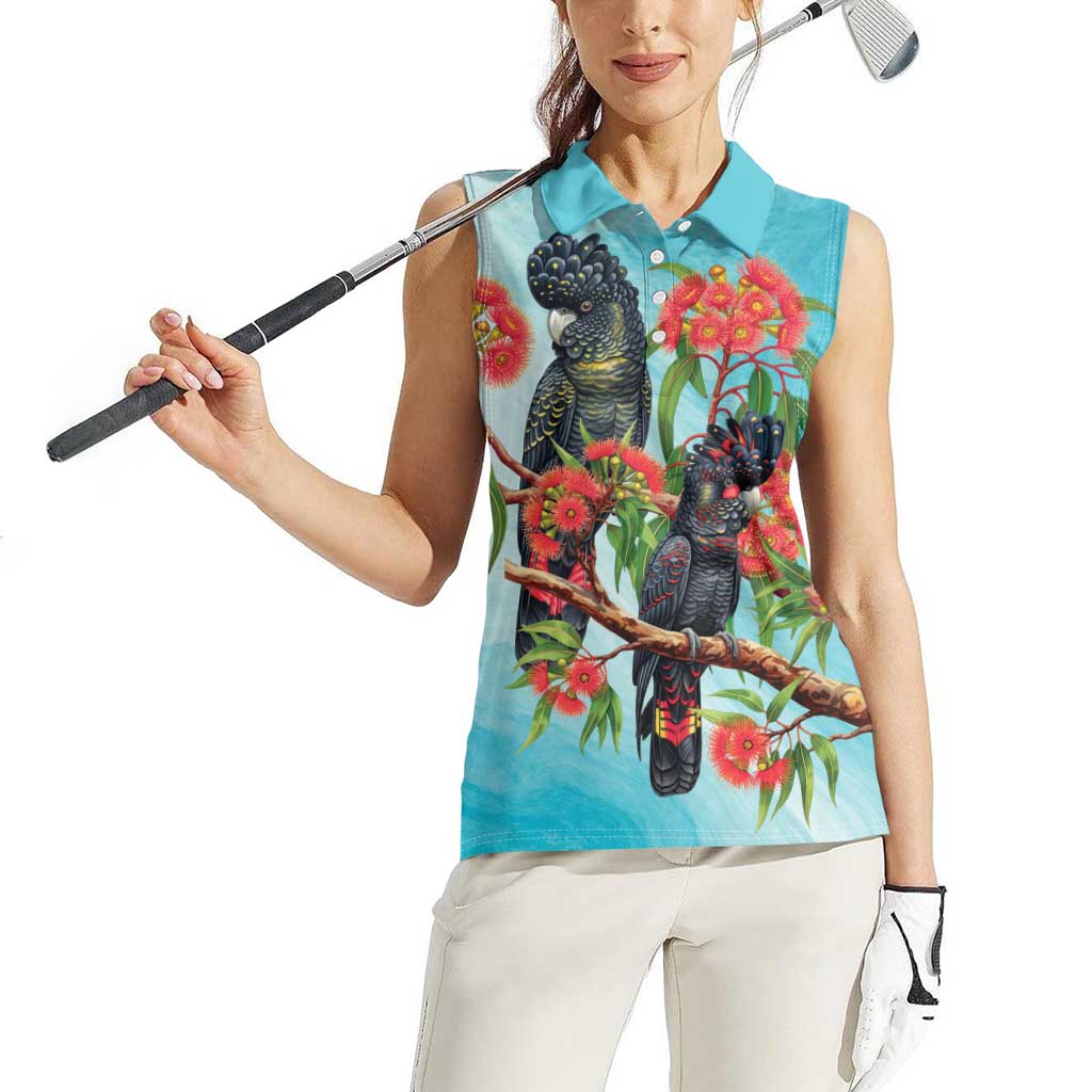 Australia Black Cockatoo and Eucalyptus Women Sleeveless Polo Shirt Blue Spirit of Aussie Native Bird - Aussie Hoodie