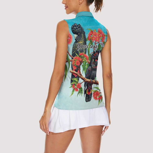 Australia Black Cockatoo and Eucalyptus Women Sleeveless Polo Shirt Blue Spirit of Aussie Native Bird - Aussie Hoodie